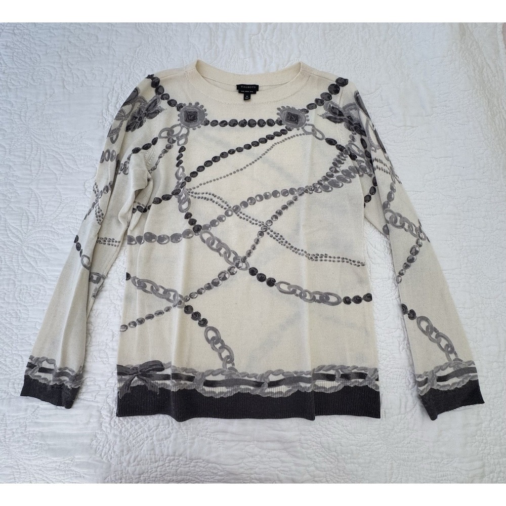 Talbots Pure 100% Merino Wool Ivory & Gray Sweater Size M